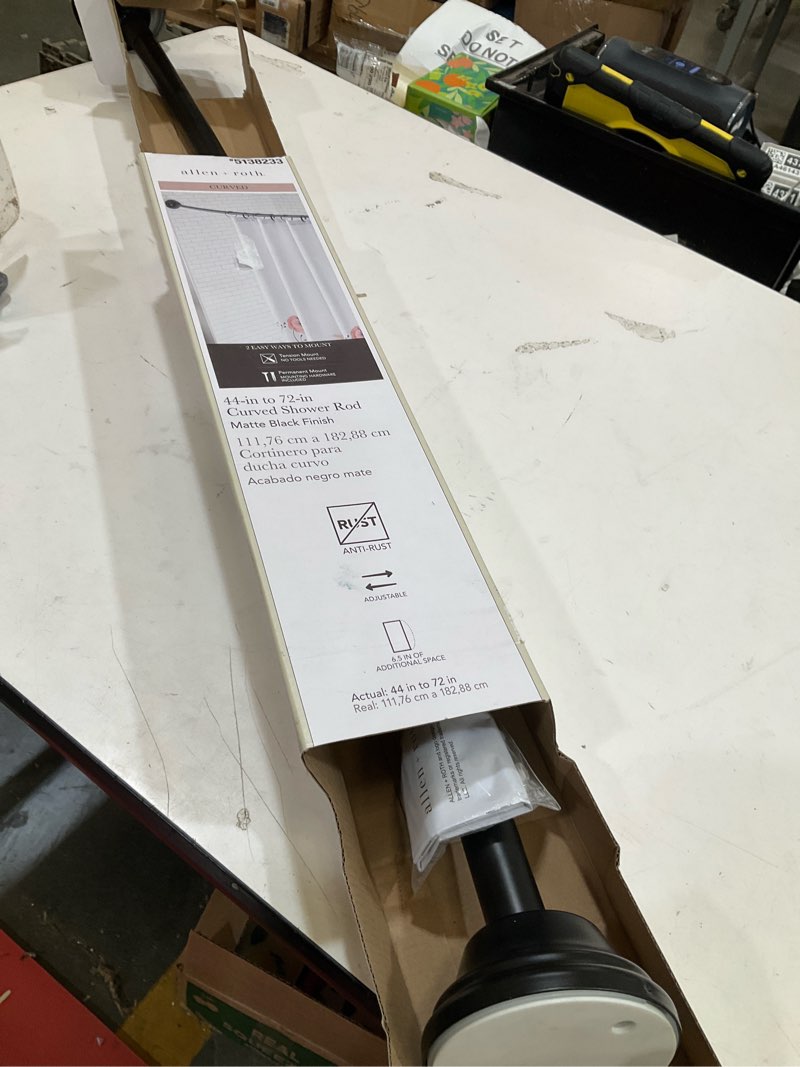 Condition photo showing As Is for allen + roth 44-in to 72-in matte black fixed or tension single curve adjustable shower curtain rod