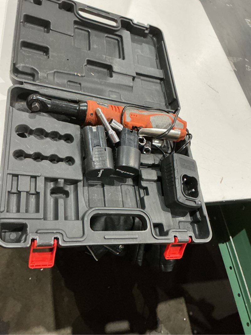 Condition photo showing As Is for 3/8" extended electric ratchet wrench set, 45ft-lbs(61n.m) 16v cordless long neck power ratchet wrench kit with 2pcs batteries, led light, 9 sockets, toolbox, variable speed, for housework, car repair
