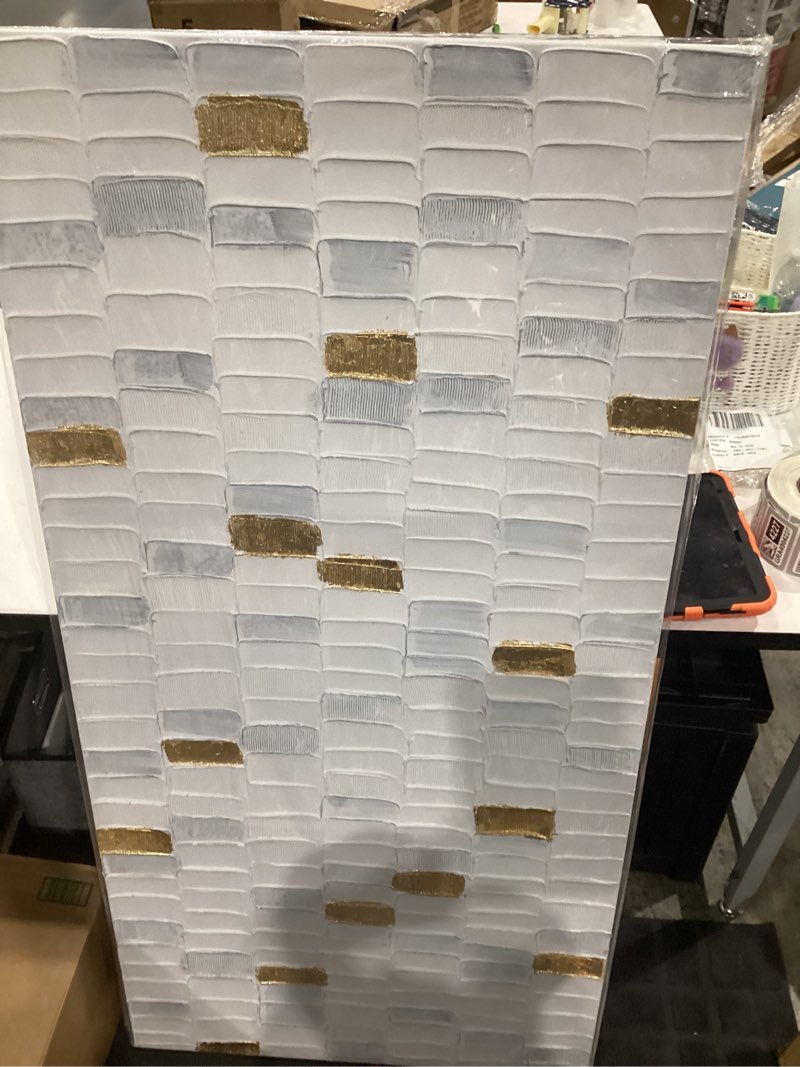 Condition photo showing New/Like New for yethen wal white and gold textured wall art 29x58, hand-painted neutral abstract canvas, gold leaf minimalist oversized wall decor for living room bedroom office 58"l x 29"w white