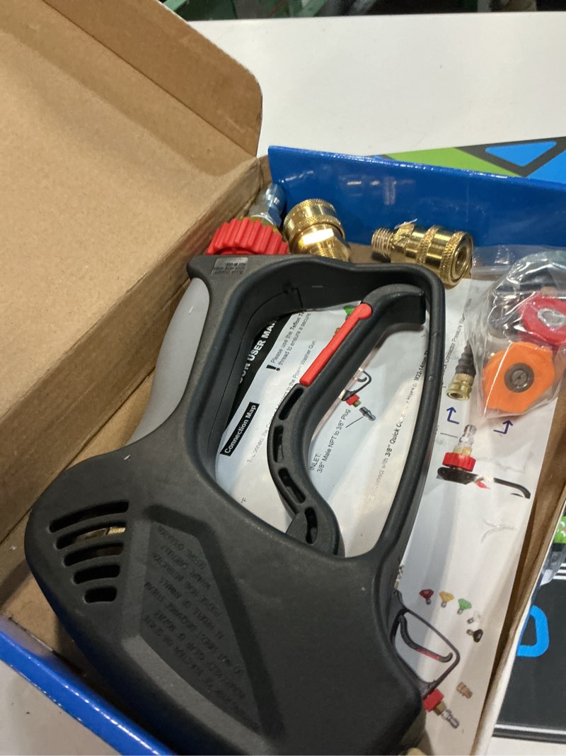 Condition photo showing Good Condition for toolcy 5000 psi pressure washer gun with swivel inlet, short power washer gun with nozzle tips, ergonomic handle, 3/8'' male plug, m22-14mm, 1/4" quick connector, sturdy design for gas pressure washer brass short gun