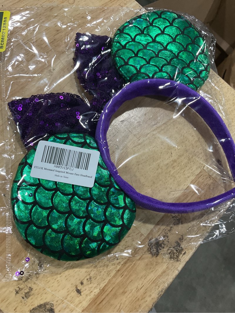 Condition photo showing New/Like New for etluk mouse ears headband, mermaid inspired mouse ears sequin bow headbands for adult women girls, cosplay, park ears party decorations
