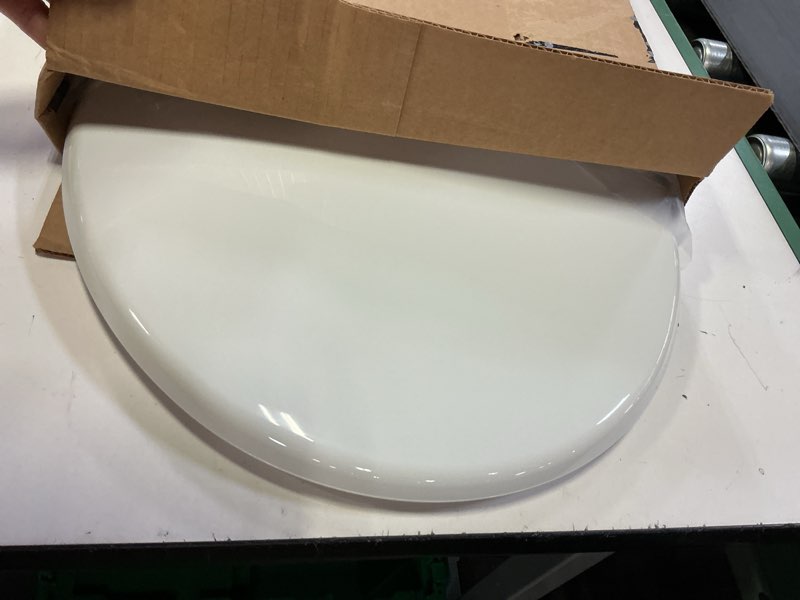 Condition photo showing As Is for mayfair caswell modern slow close toilet seat, easy clean hinges and durable plastic seat, made in usa, round, white round 1 seat