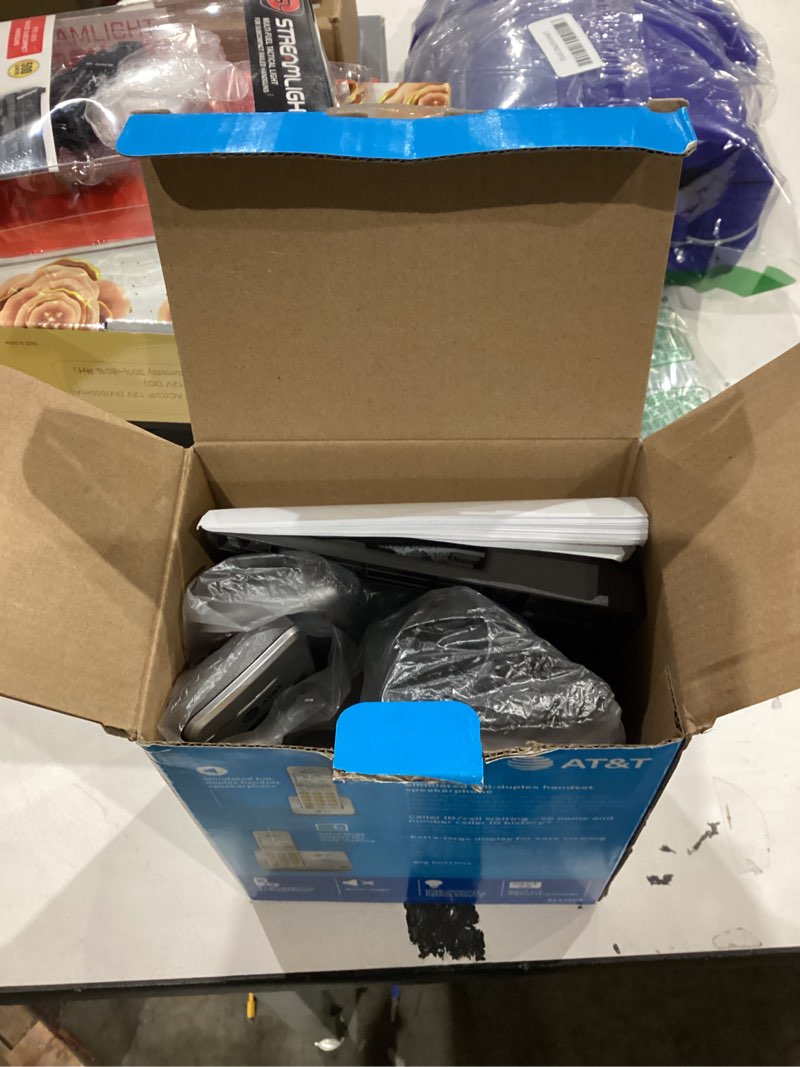 Condition photo showing New/Like New for at&t el51203 dect 6.0 2-handset cordless phone - full duplex handset speakerphone, caller id/call waiting, backlit keypad & display, intercom, eco mode, white/silver 2 handsets caller id