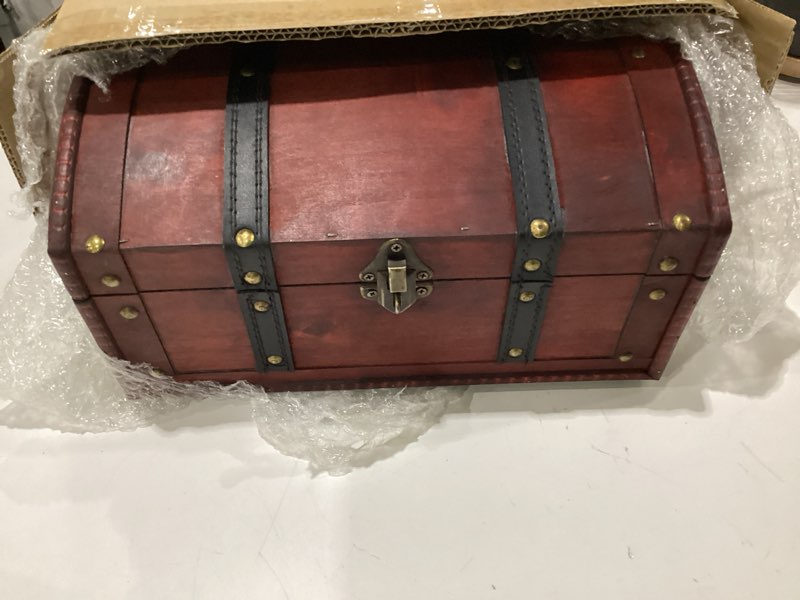 Condition photo showing As Is for happenings wooden treasure chest box – red lockable vintage decorative chest for storage, keepsakes, jewelry, trinkets– pirates wooden chest decor (11.8x8x6)