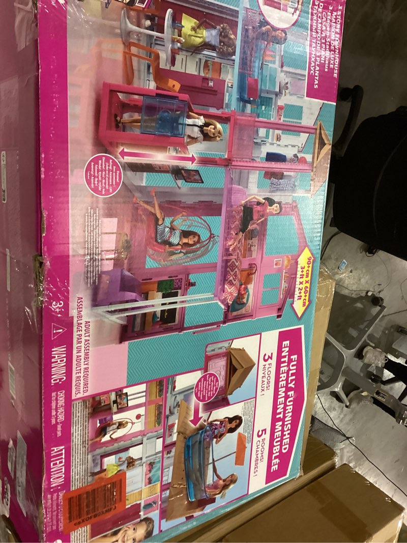 Condition photo showing New/Like New for Barbie 3-Story Townhouse Dollhouse with Elevator, Swing Chair, Furniture and Accessories, Fold for Portability and Travel (Amazon Exclusive)