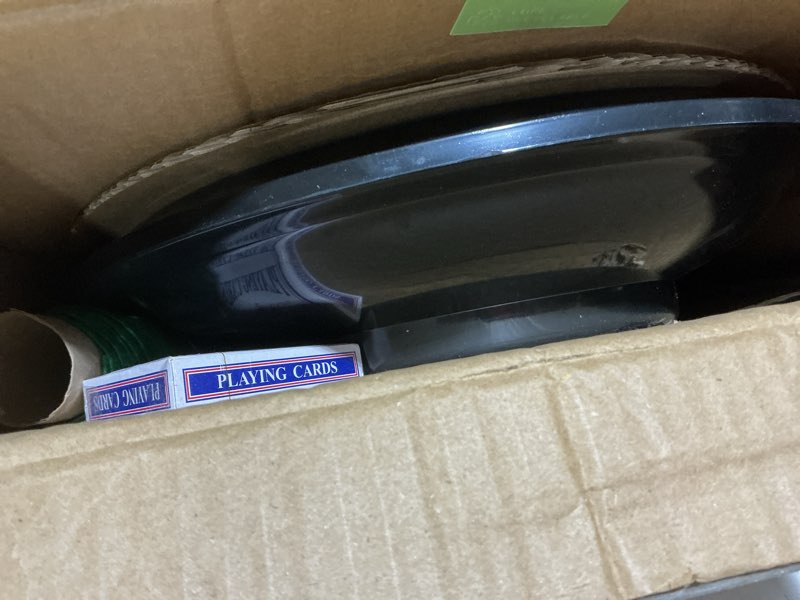 Condition photo showing New/Like New for roulette wheel set – 16-inch gambling wheel with reversible roulette and black jack table cotton, chips, 2 decks of cards, and more by trademark poker