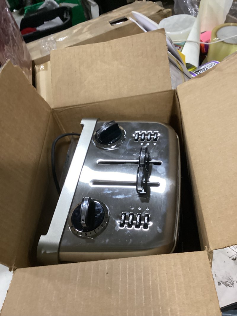 Condition photo showing As Is for cuisinart 4 slice compact stainless steel toaster with extra-wide slots for bread, french toast, bagels & pastries, defrost & reheat functions, cpt-180p1, brushed stainless, removable crumb tray