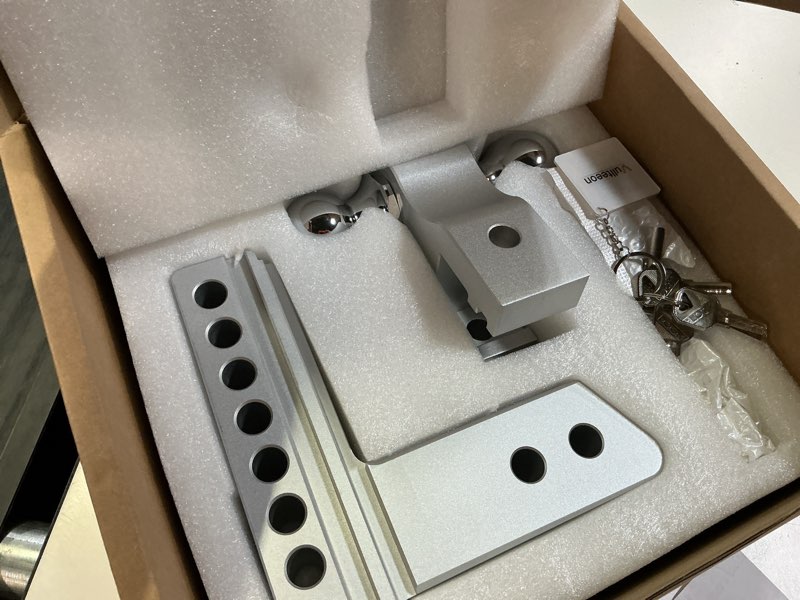 Condition photo showing New/Like New for adjustable trailer hitch, 6 inch drop hitch, tow hitch ball mount for 2.5 inch receiver, 18,500 lbs gtw, (2" & 2-5/16") chrome plated steel balls, aluminum with 2 anti-theft pins locks