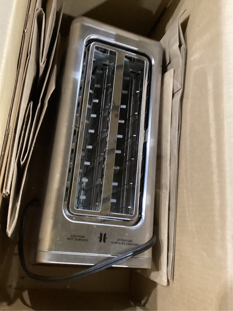 Condition photo showing As Is for digital 4 slice toaster with led touchscreen long slot stainless steel toaster for family, wide slots for thick bread & bagels, 6 shade settings, defrost, reheat, memory & single-slice modes