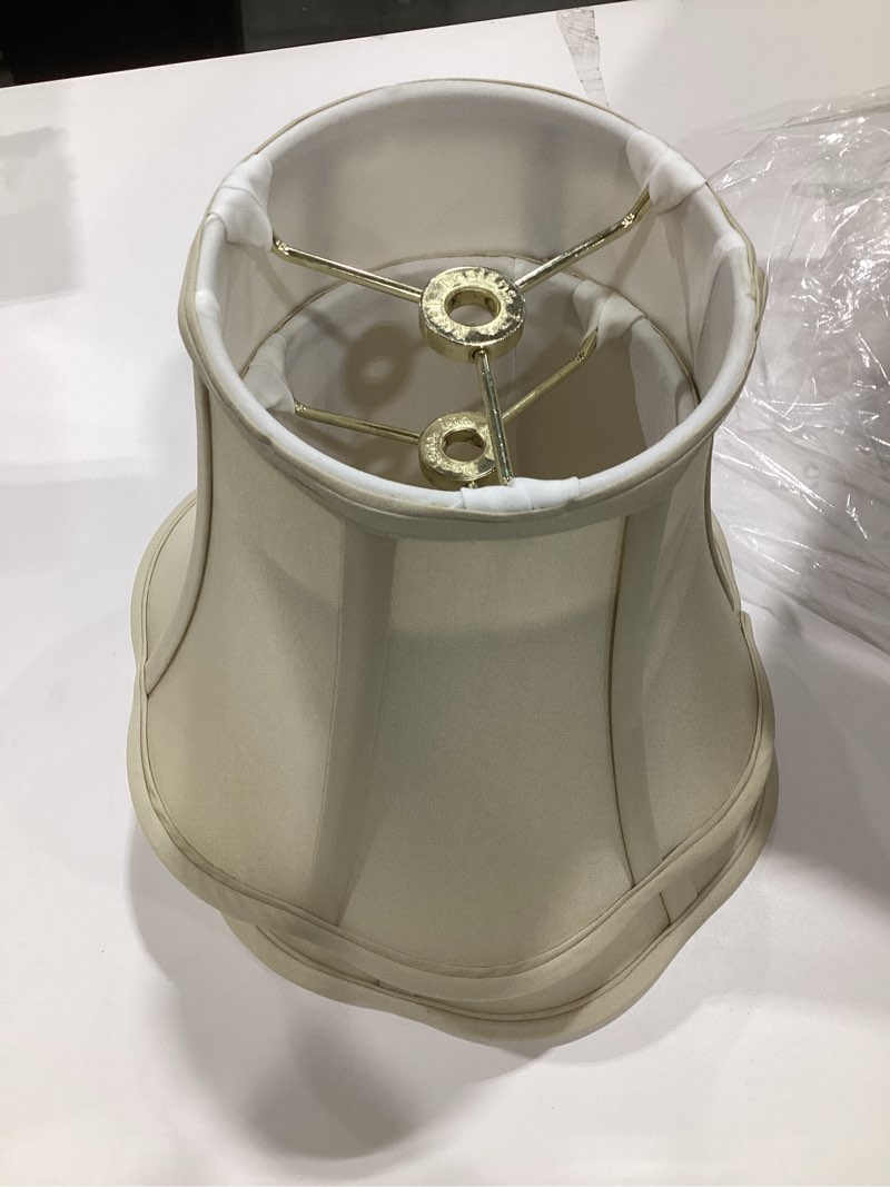 Condition photo showing As Is for royal designs, inc. bso-701-18eg flare bottom outside corner scallop basic lamp shade, 10 x 18 x 13, eggshell 10 x 18 x 13 eggshell