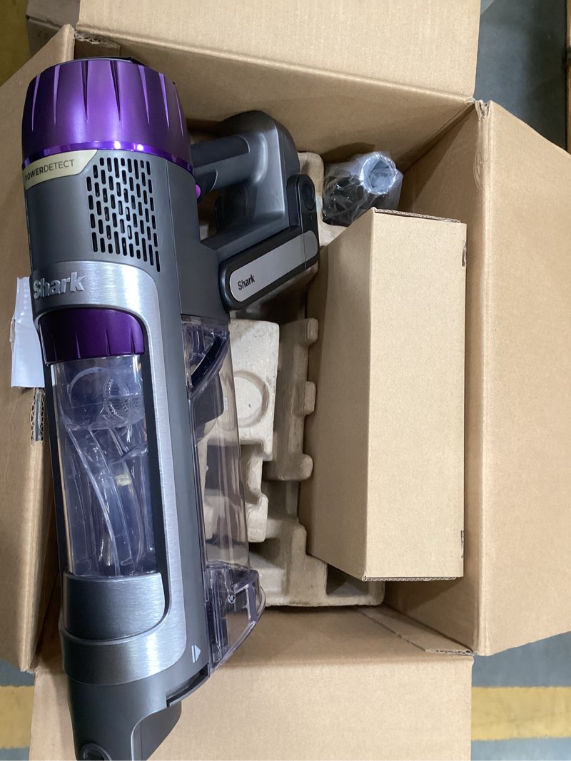 Condition photo showing As Is for shark cordless vacuum cleaner with hepa filter, powerdetect clean & empty, powerful suction, auto-empty system, pet hair pickup, carpets & hardfloor, dark gray, ip3251 powerdetect w/ autoempty (essential)