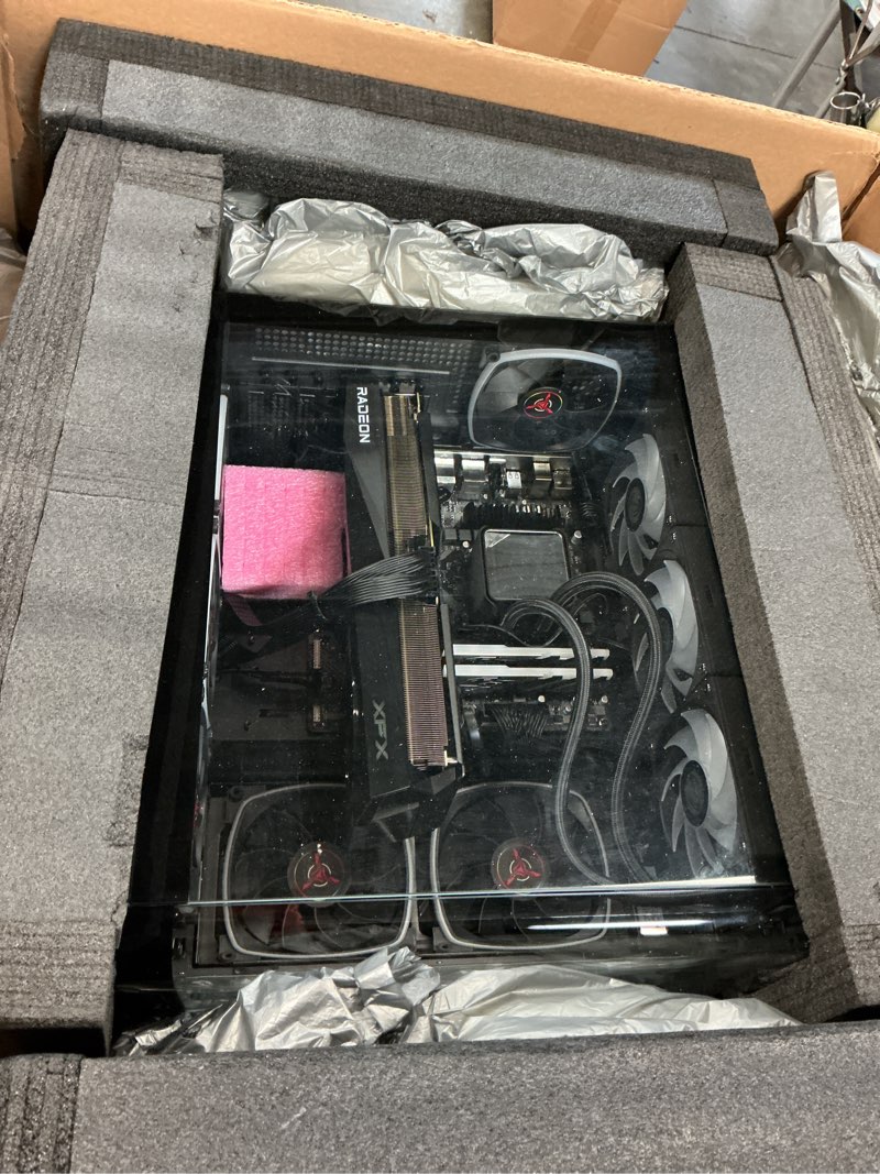 Condition photo showing As Is for skytech gaming king 95 desktop pc, ryzen 7 7800x3d 4.2 ghz (5ghz), amd rx 9070xt 16gb, 1tb gen4 nvme ssd, 32gb ddr5 ram 5600 rgb, 850w gold psu, 360mm argb aio, wi-fi, win 11 7800x3d | radeon 9070xt