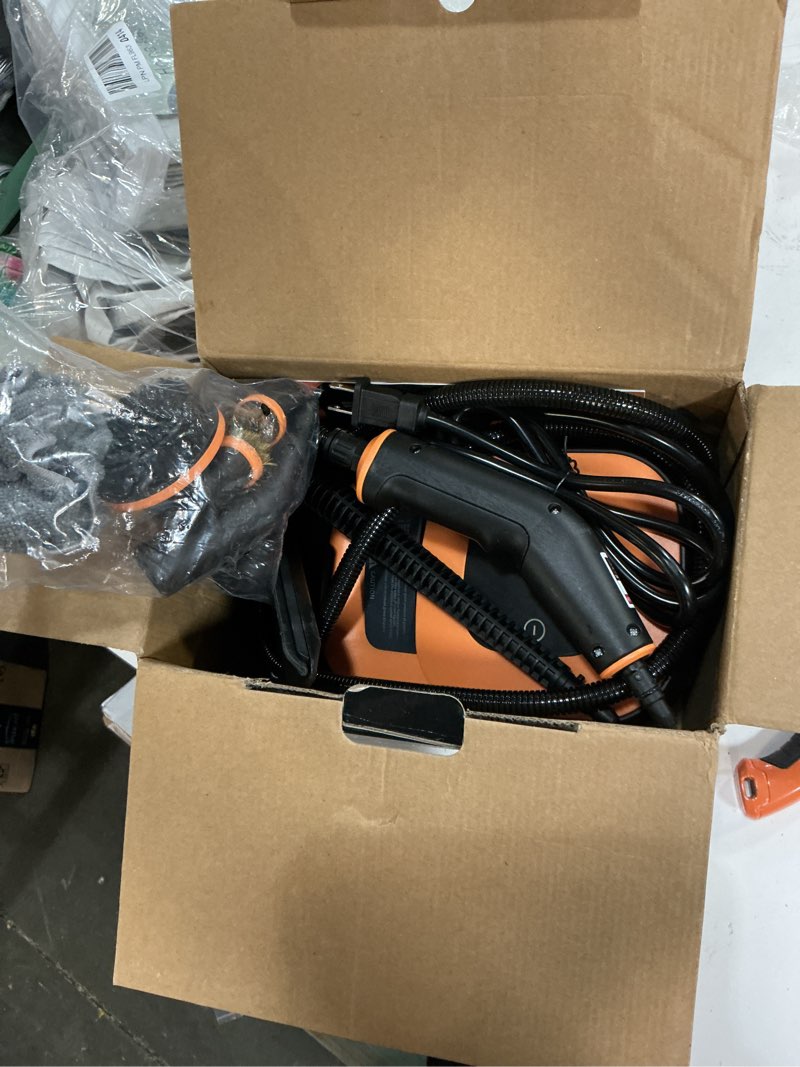 Condition photo showing As Is for steam cleaner, portable steamer for cleaning with 16pcs accessories, 6-level adjustable and 15s heat-up, handheld steam cleaner for home, tile, dirt, grout, grease, car detailing orange