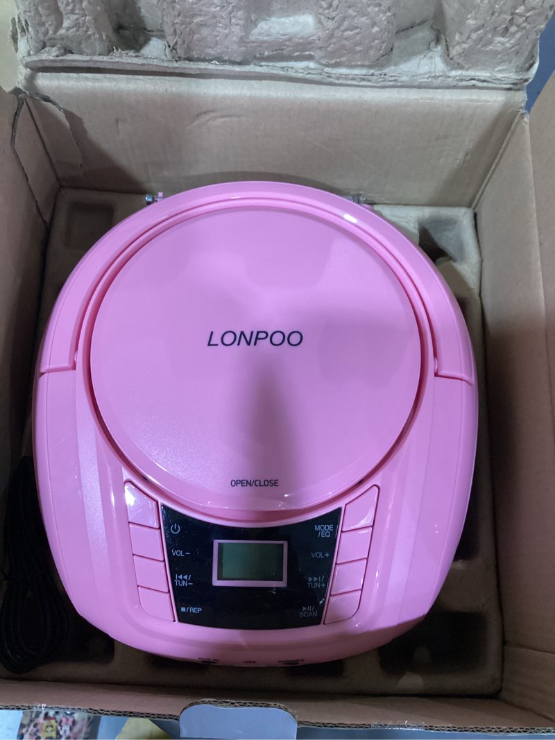 Condition photo showing Good Condition for lonpoo portable boombox - cd player, bluetooth, usb, mp3, aux, fm radio, portable, built-in stereo speakers, carrying handle, lcd display, pink