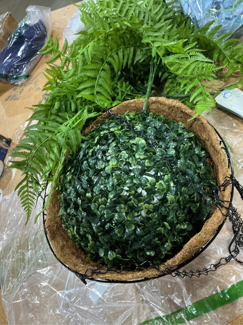 Condition photo showing Good Condition for artificial hanging plants outdoor, uv resistant fake fern faux greenery for outside planter patio home garden decor (5 branches&1 basket) 5pcs+1basket