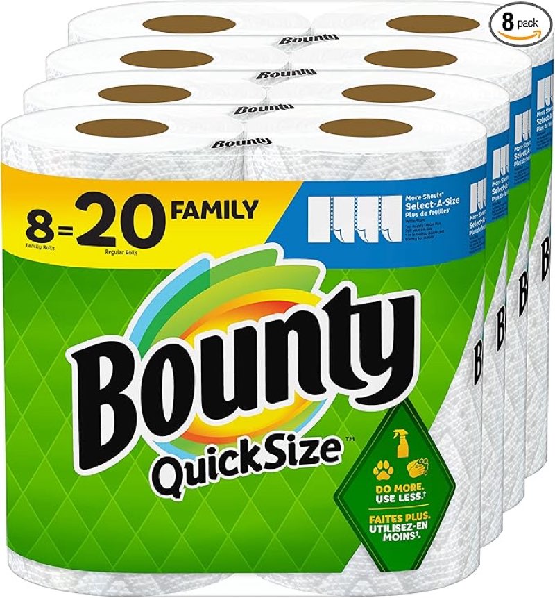 Bounty Quick Size Paper Towels, White, 8 Family Rolls = 20 Regular Rolls (Packaging May Vary)