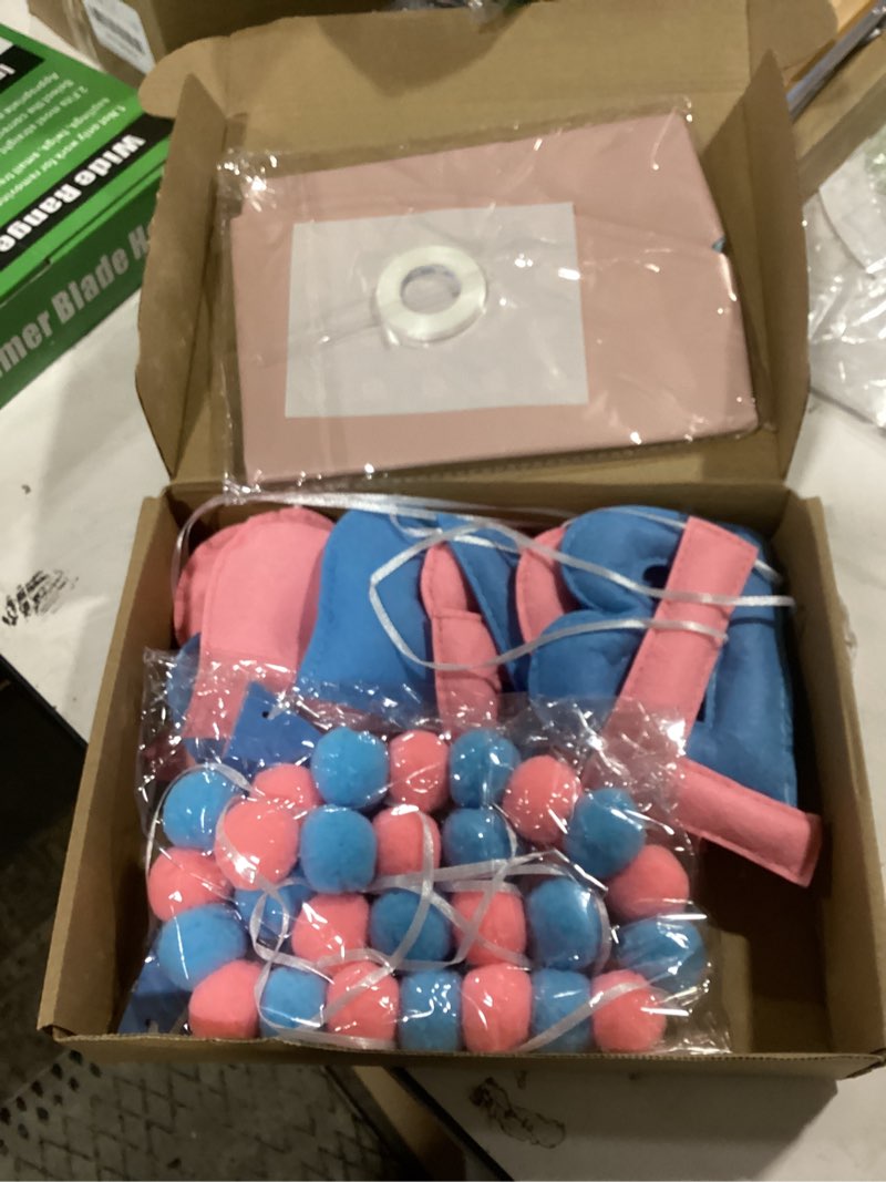 Condition photo showing Good Condition for gender reveal banner set with pre-strung 3d boy or girl felt banner, pom pom garland, triangle fabric bunting, 12 pcs pink blue heart shaped balloons, baby shower decorations for girls boys twins