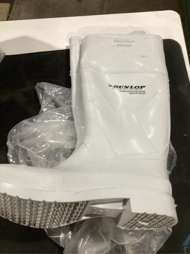 Condition photo showing Good Condition for (8m) dunlop white pvc plain toe - rubber boots for men & women - pvc - work & concrete boots - soft toe - waterproof with tall shaft - chemical and slip resistant - white - size 8