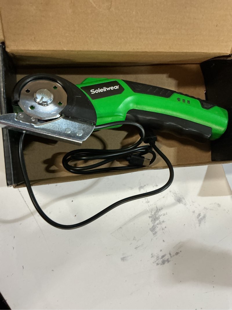 Condition photo showing Good Condition for Cardboard Cutter, Rechargeable Cordless Electric Scissors, 4V Upgrade Motor Electric Box Cutter with 2 Blades, Safety Lock & LED Light, Powerful Cutting for Cardboard Box, Plastic, Leather Green