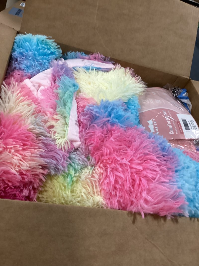 Condition photo showing As Is for Smoofy Fluffy Full Size Comforter Set, Faux Fur Pink Comforter Set, Luxury Fuzzy Bedding Set, Soft Shaggy Full Bed Set for All Season, 3 Pieces - 1 Comforter & 2 Pillowcases, Tie-Dye Pink Multi Pink Full