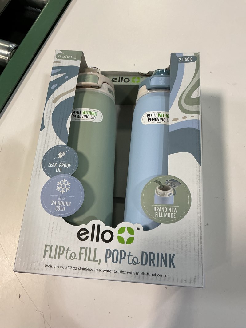 Condition photo showing New/Like New for ello flip to fill, pop to drink stainless steel water bottle with leak-proof locking lid, 22 oz – reusable insulated travel bottle, color: pistachio