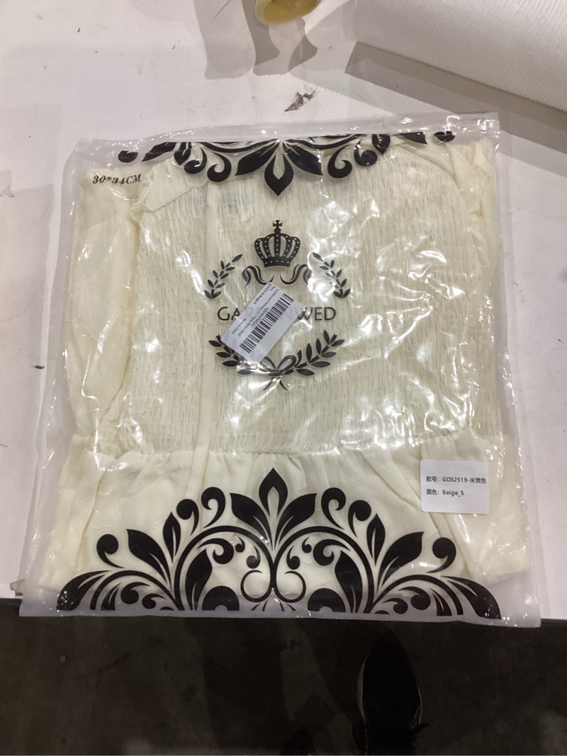 Condition photo showing New/Like New for Women's Square Neck Midi Dress, Smocked Bodice Puff Sleeves Tiered Ruffle Sundress with Floral Textured Small White