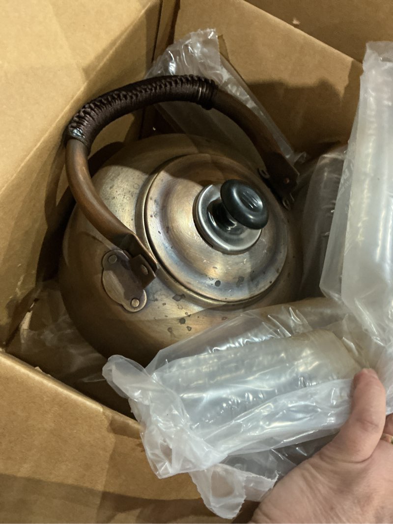 Condition photo showing As Is for vintage/antique solid copper tea kettle