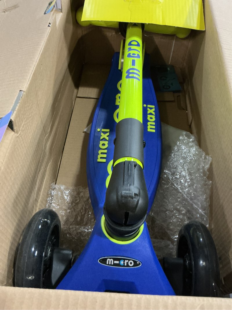 Condition photo showing As Is for micro kickboard | maxi foldable led kids scooter for ages 5-12 | children up to 110 lbs | 3 wheel lean-to-steer design | adjustable t bar | smooth ride, motion activated pu led wheels | swiss design neon canary yellow