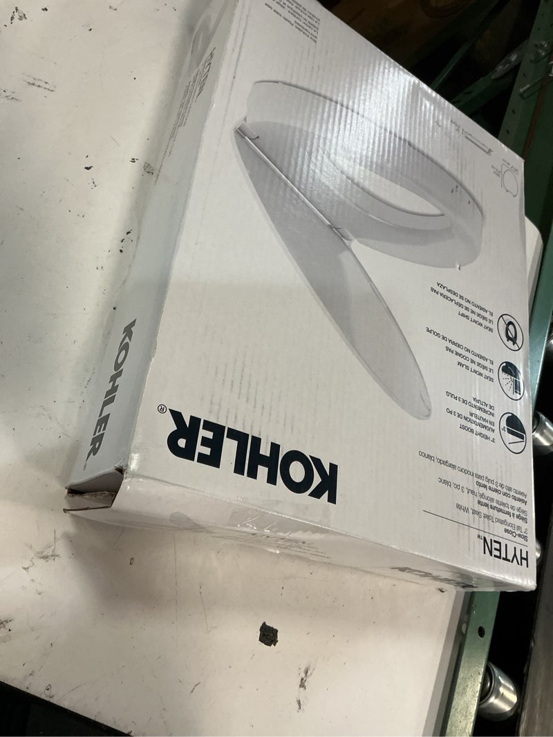 Condition photo showing New/Like New for kohler 25875-0 hyten 3" height, elevated soft close elongated toilet seat, contoured seat with grip-tight bumpers, quick-attach hardware, no slam toilet seat, white white elongated