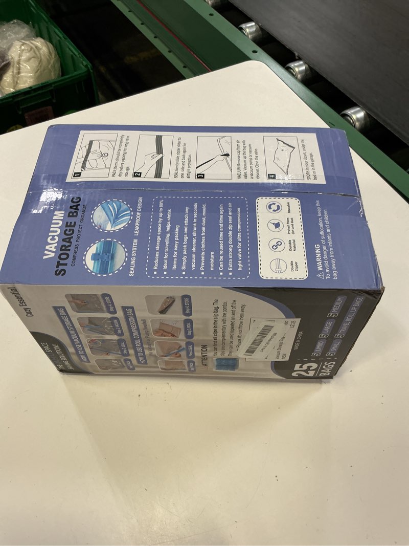 Condition photo showing New/Like New for cozy essential 25 pack vacuum storage bags, space saver bags (5 jumbo/5 large/5 medium/5 small/5 roll) compression for comforters and blankets, pillow, bedding, sealer clothes storage,