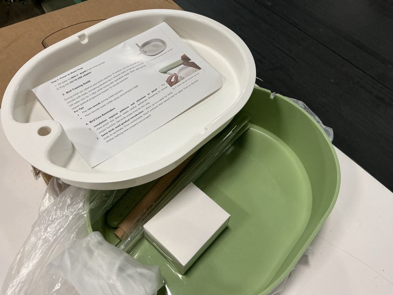 Condition photo showing Good Condition for bird bath, automatic parrot shower bath, birds shower bathtub with running water, birdcage, medium birds parakeet budgies cockatiels conures finches, lovebird green ellipse