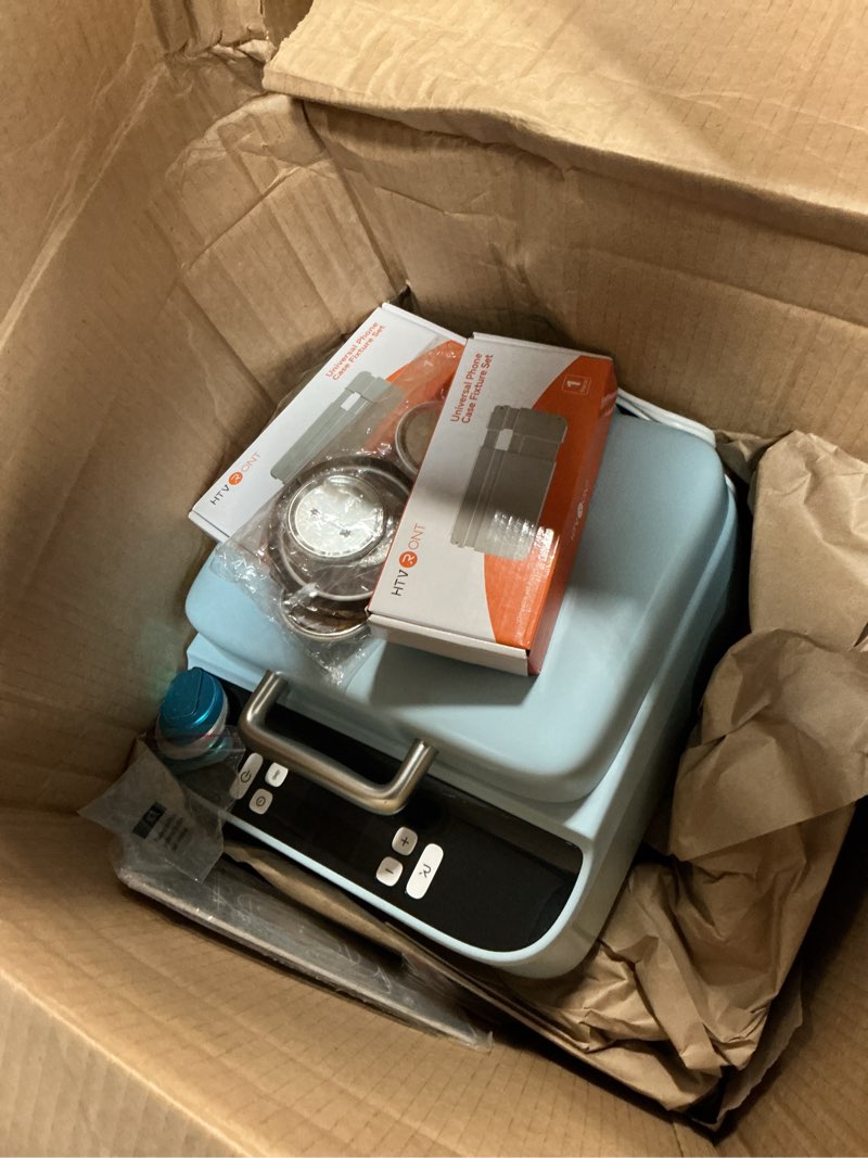 Condition photo showing As Is for htvront phone case heat press machine compatible with iphone & android - vacuum heat press h17 for phone cases- sublimation press for custom phone case, badges, coasters, includes film & fixture blue compatible with iphone & android