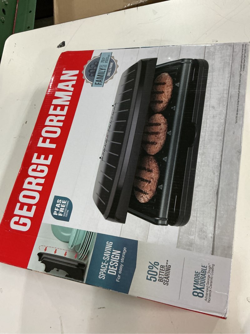 Condition photo showing Good Condition for george foreman family-size grill & panini press, nonstick ceramic coating, fat-removing slope, adjustable angle, indoor/outdoor use