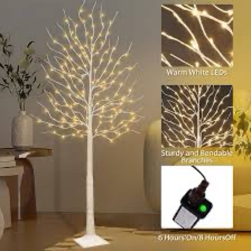 Lighted Birch Tree with 144 Warm White Lights(1 Pack), 8 Modes Prelit White Artificial Christmas Tre