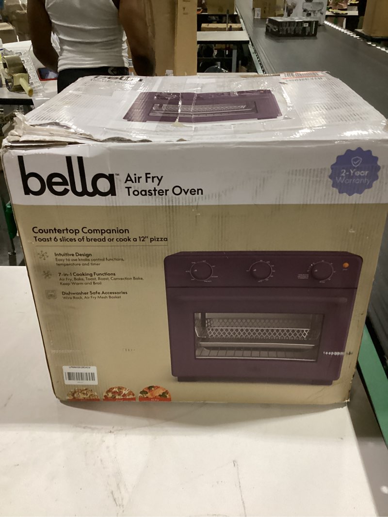 Condition photo showing New/Like New for bella air fry toaster oven, 7 preset cooking options, dishwasher-safe evergood coated trays included, 60-minute auto shutoff w audible timer, power indicator light, 1700 watt, plum