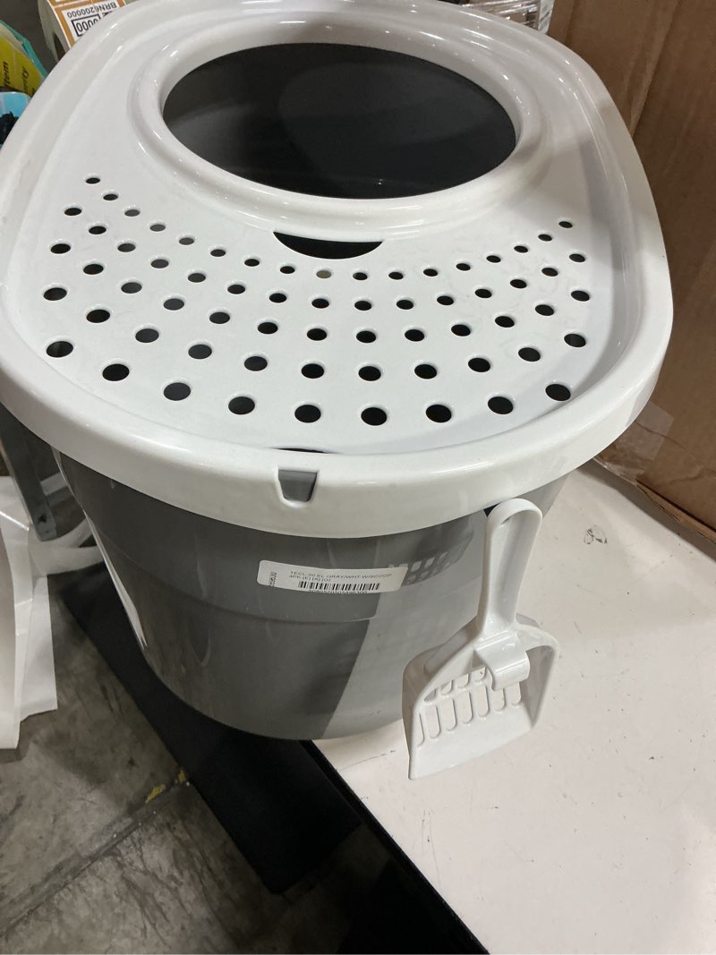 Condition photo showing New/Like New for iris usa cat litter box large top entry with lid enclosed covered hooded design litter catching scatter shield pan dog proof pet proof scoop included odor control for indoor cats kittens gray/white oval gray w/ scoop