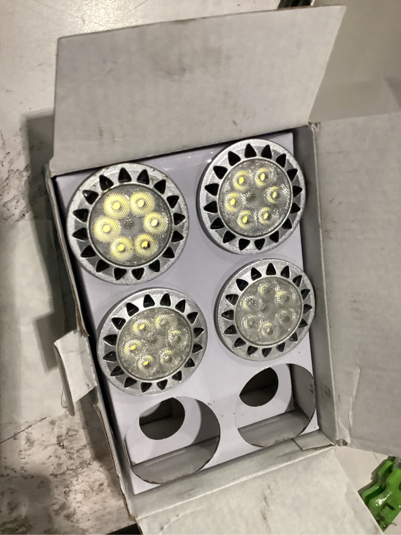 Condition photo showing As Is for **missing parts** alide mr16 led bulbs 6000k daylight bright cool white 5w,replace 20w 35w halogen equivalent,12v mr16 gu5.3 low voltage bulb for outdoor landscape track ceil lighting,not dimmable,450lm,38 deg,6 pack 6pack 6000k daylight white
