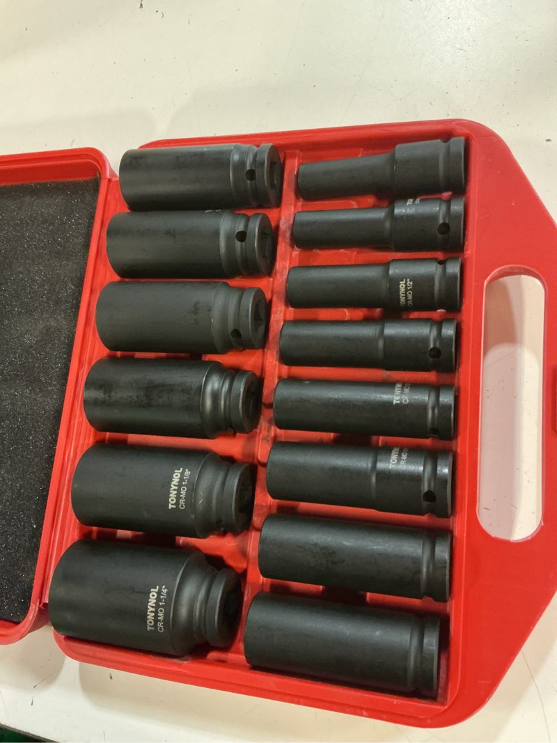 Condition photo showing New/Like New for tonynol 1/2 inch deep drive impact socket set,6-point,sae(3/8" to 1-1/4"),14 pcs,cr-mo steel,with a storage case 1/2" 14pc deep sae (9.5-32mm) 6-points