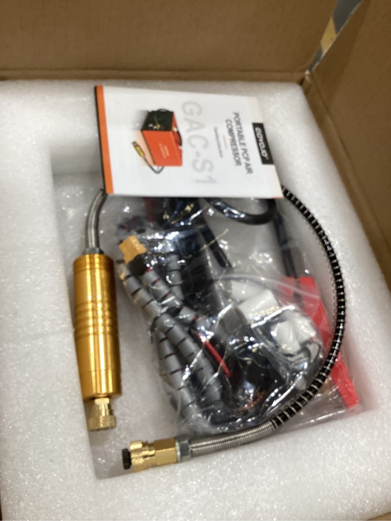 Condition photo showing As Is for goyojo pcp air compressor, max 4500 psi / 300 bar, fast fill for airguns or paintball tank, auto shut-off, dual power car 12v dc or home 120v ac, built-in cooling fan, 300w portable pcp pump