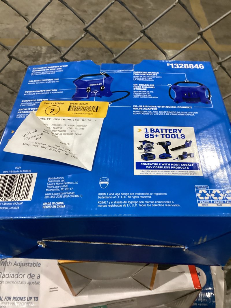 Condition photo showing As Is for Kobalt 24 Volt cordless high pressure inflator 24-Volt Lithium Ion (Li-Ion) Air Inflator (Power Source: Battery)