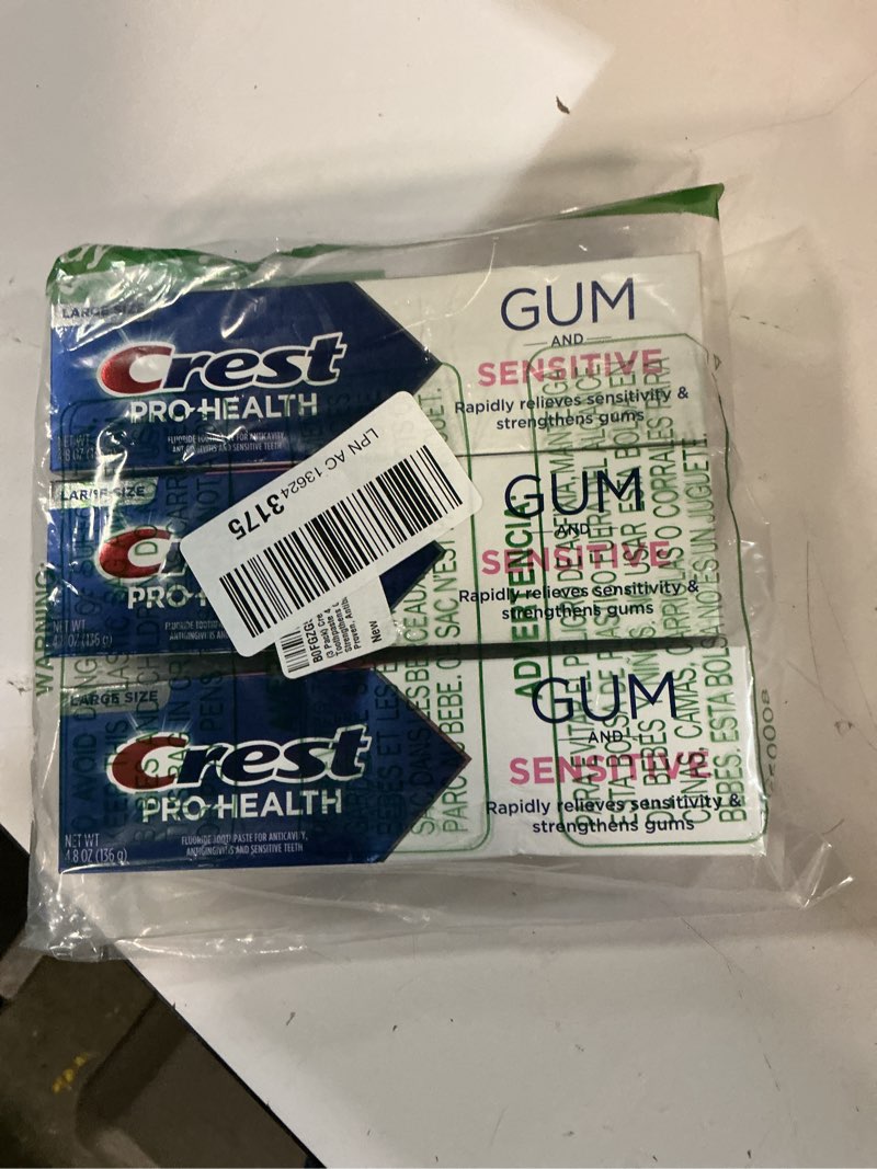 Condition photo showing New/Like New for crest sensitive and gum toothpaste 4.8 oz (3 pack), relieves sensitivity, strengthens gums, anticavity, clinically proven, antibacterial toothpaste