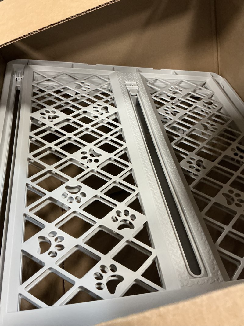 Condition photo showing As Is for mypet north states paws portable pet gate: 26-40" wide. pressure mount. no tools needed. made in usa. dog gate 23" tall, expandable, durable dog gates for doorways, light gray