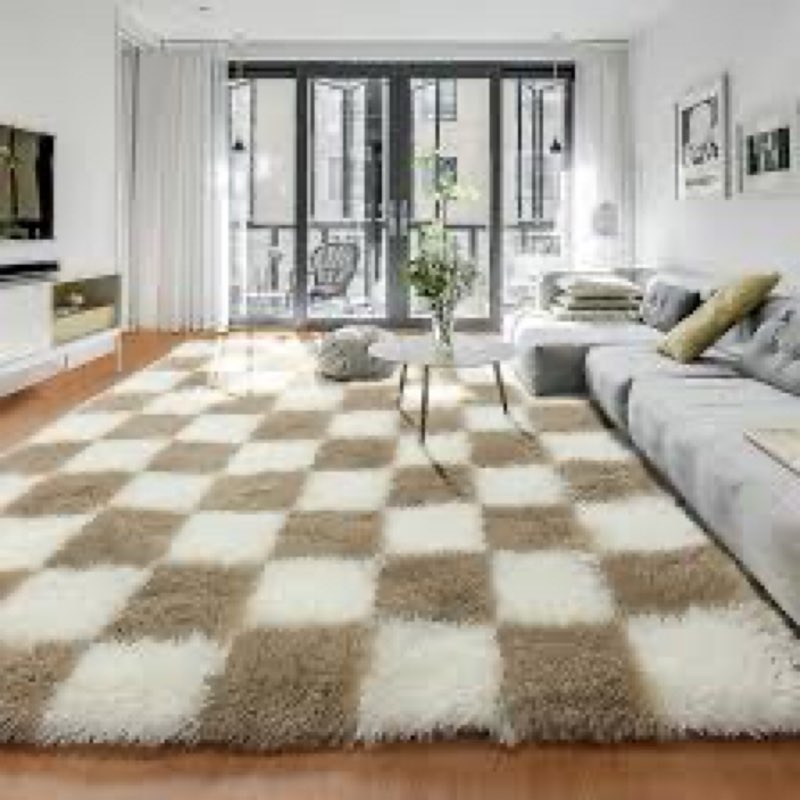 Checkered Area Rugs for Living Room 6x9, Fluffy Beige and White Checkered Rug Fuzzy Shag Shaggy Carp