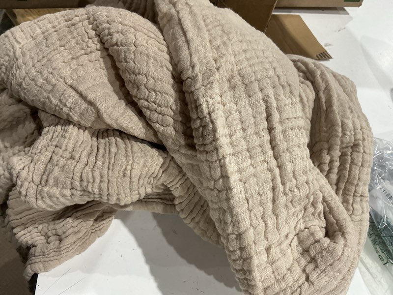 Condition photo showing As Is for 100% cotton muslin blanket 50" x 60", breathable and lightweight cotton throw blankets for couch, soft cooling summer gauze blanket for adults all season, beige 01 - beige throw(50" x 60")