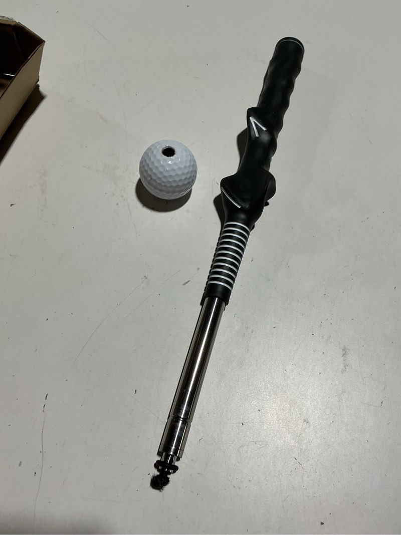 Condition photo showing As Is for retractable golf swing training aid with click sound, golf grip & swing trainer for warm up, tempo and strength training, right handed golf practice tool for chipping and hitting black