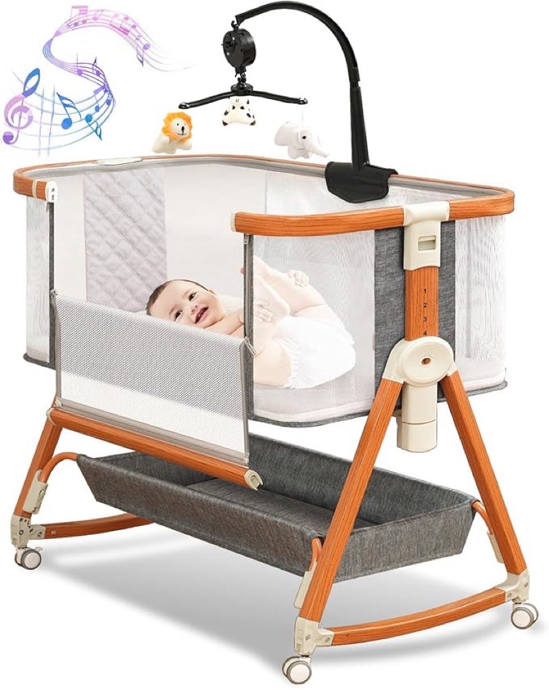 3 in 1 Bassinet,Baby Bassinets Bedside Sleeper with Musical Toy,Adjustable Height Bedside Bassinet for Baby with Wheels and Storage Basket,4-Sided Mesh Bedside Crib for Newborn 0-6 Months (Grey)