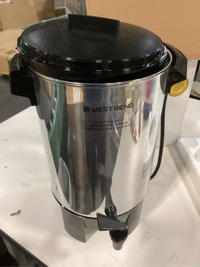Condition photo showing As Is for West Bend Coffee Urn Highly-Polished Aluminum Features Automatic Temperature Control with Cup Per Minute Brewing and Easy Clean Up Includes In-Basket Measuring Guide and Ready Light, 30-Cup, Silver