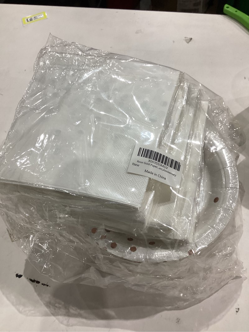 Condition photo showing Good Condition for Rose Gold Paper Plates and Napkins 200Pack-100 x 7''Dessert Plates & 100 x 6.5''Napkins,Disposable Rose Foil Polka Dots Paper Plate for Birthday,Wedding,Bridal Showers,Anniversary Classic-200PCS White Rose Gold