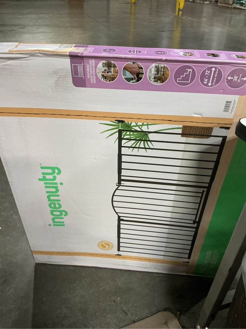 Condition photo showing New/Like New for Ingenuity Decorative Extra Wide Baby Gate & Dog Gate, 44"-72" Wide, 36" Tall, Hardware or Pressure Mounted, Install in Hallways, Bottom of Stairs, or Large Openings - Bronze