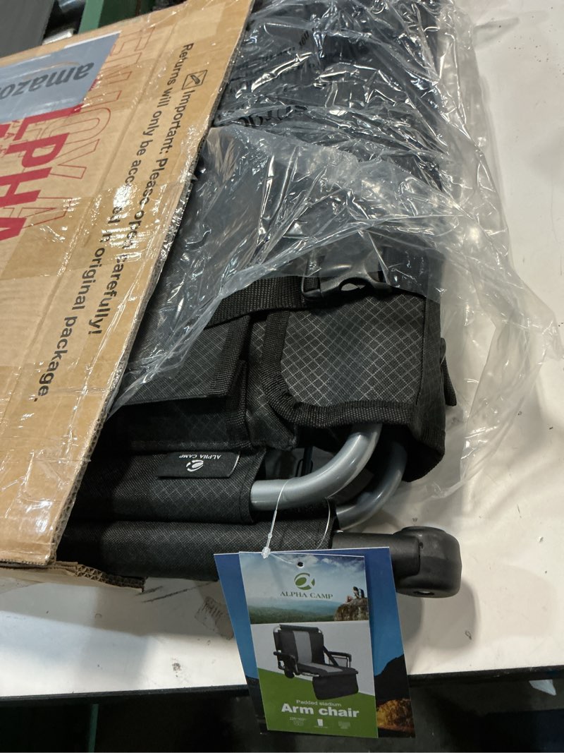 Condition photo showing New/Like New for LET'S CAMP Folding Stadium Seat Bleacher Chair with Cup Holder, Mesh Bag and Hide Hooks, Portable Stadium Chair with Back and Cushion Black Grey